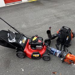 Brand new! 3items Lawn mower, chain saw and backpack blower! Package deal!