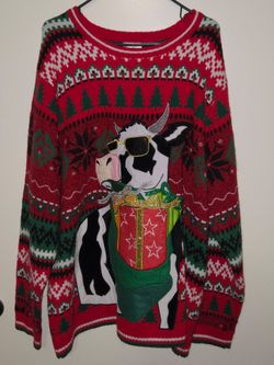 Ugly Christmas Sweater Mens 3XL Cool Cow Sunglasses Drink Pouch Festive Red Tree