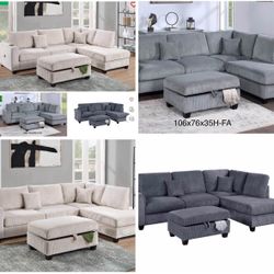 Sectional SofaChaise With Ottoman Storage USB Available I Ivory, Gray,Dark  Corduroy,Gray,Black 106"X76" 
