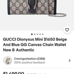 9.9 new GUCCI Dionysus Mini $1650 Beige And Blue GG Canvas Chain Wallet Authentic