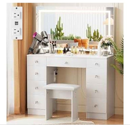 Vanity with Mirror and Lights - Vanity Desk with Power Outlet and 9 Drawers, 3 Color Lighting Modes, Adjustable Brightness, Makeup Vanity with Soft Cu