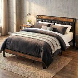 LIKIMIO King Bed Frame, Storage Headboard with Charging Station,  (Vintage and Black)