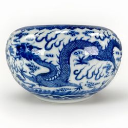 Chinese Late Qing Dynasty Blue & White DRAGON BASIN Guangxu Period Qianlong Mark