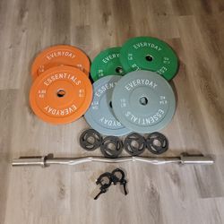 EZ Barbell + 110 Lbs Weight Set + Clamps