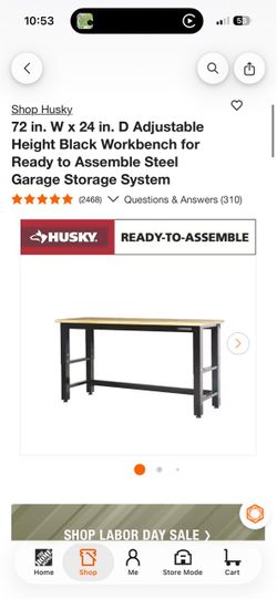 Husky. 72 in. W x 24 in. D Adjustable Height Black Workbench for Ready to Assemble Steel Garage Stor