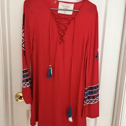 New California Moon Rise Lace Up Bell Sleeves Embroidered Red Tunic Top Small