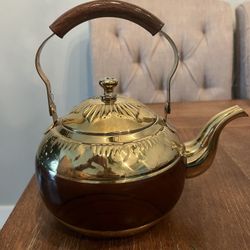 Vintage Brass Teapot Kettle 1.5 L Infuser Loose Leaf Tea Long Spout Wood Handle