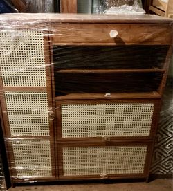 40" Shoe Storage - 8 Tiers 4 door - Rattan & Bamboo,, Custom MCM Drawer Pulls