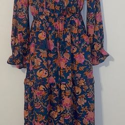 NWT Boemo Anthropologie Tiered Maxi Dress Floral Tassel Tie Long Sleeve