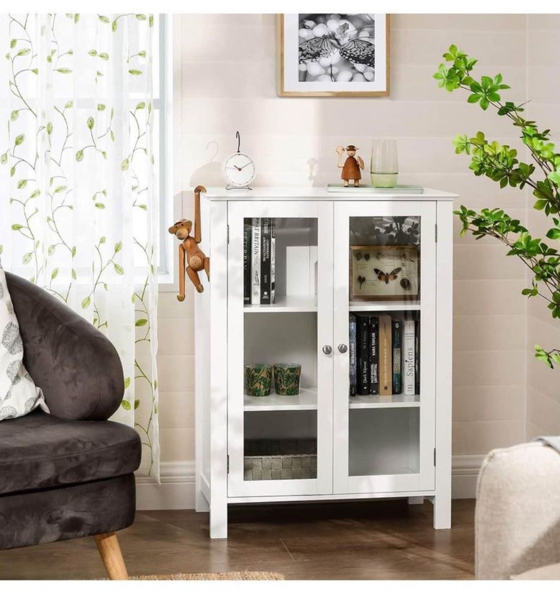 Storage Cabinet, Sideboard, Display Cupboard with 2 Adjustable Shelves, Transparent Glass Doors, Handles, Scandinavian Nordic, 26 x