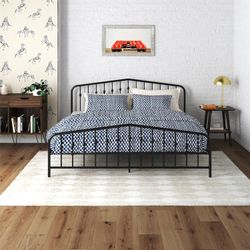 King Size Bushwick Modern Metal Bed, Slightly Triangular Headboard and Footboard with Inset Spindles, Adjustable Base Height for Underbed Storage, Req