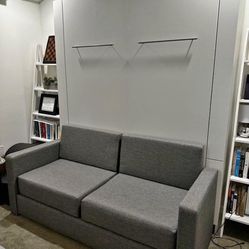BEAUTIFUL QUEEN MURPHY BED WITH ATTACHED GREY LOVE SEAT