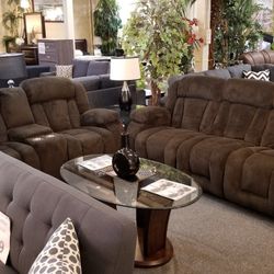 Brand New Dark Brown Fabric Super Comfy Manual Reclining Sofa + Loveseat 2PCs Set