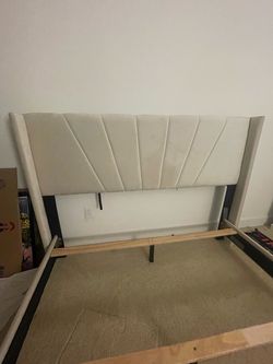 Perfect condition Queen size bed frame with suede upholstered headboard with channel tufting