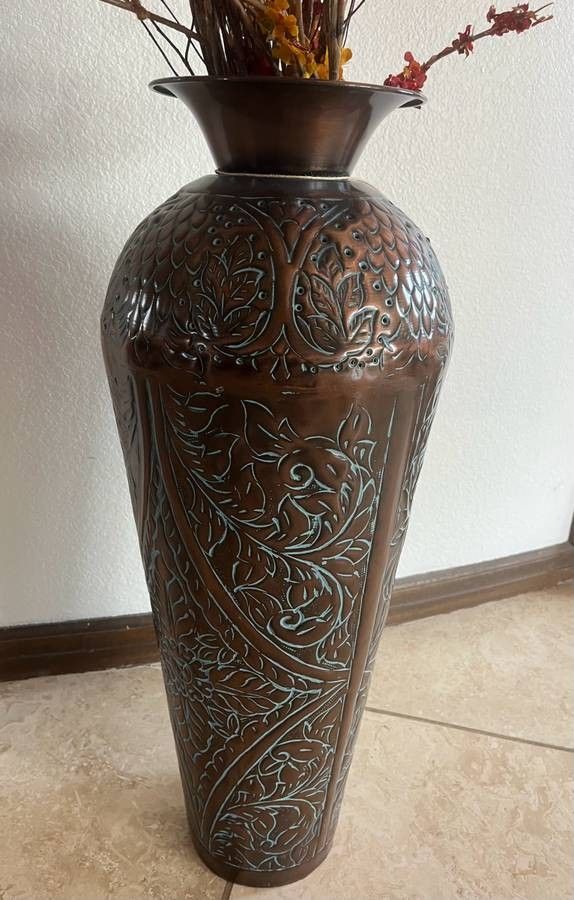 Tall Traditional Brown Hammered Decorative Vase with Natural Foliage