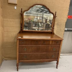 Rich Wood Wheeled Cabinet w/ Mirror
