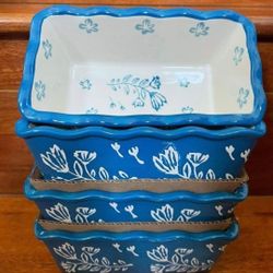 4 Pcs Ceramic Mini Loaf Pan Bread - Flower Blue White