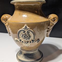 Vintage Hosley Potteries 10" Ceramic Urn Vase with Embossed Fleur Motif Handles

