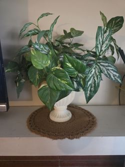 White Ceramic Pedestal Vase with Artificial Plants
