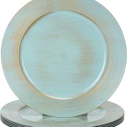 13" Round Charger Plates, 6 pack Ring Pattern Plastic Chargers for Dinner Plates, Vintage Charger Plates Bulk Wedding, Turquoise
