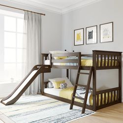 Max & Lily Twin Over Twin Low Bunk with Slide and Ladder, Wooden Bunk beds with 14” Safety Guardrail for Kids, Toddlers, Boys, Girls, Teens, Bedroom F