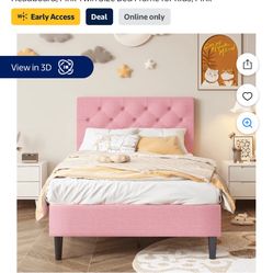 Twin Bed Frame, Upholstered Bed Frame with Headboard, Pink Twin Size Bed Frame for Kids, Pink