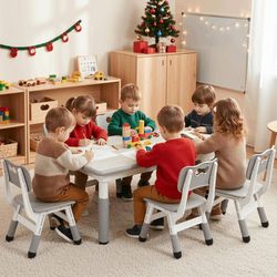 Kids Table and 6 Chairs Set, Height Adjustable Graffiti Desk, Preschool Activity Art Craft Table, for Daycare Classroom Home Boys and Girls Age 3-12 (
