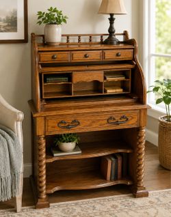 Antique-Style Oak Roll Top Secretary Desk