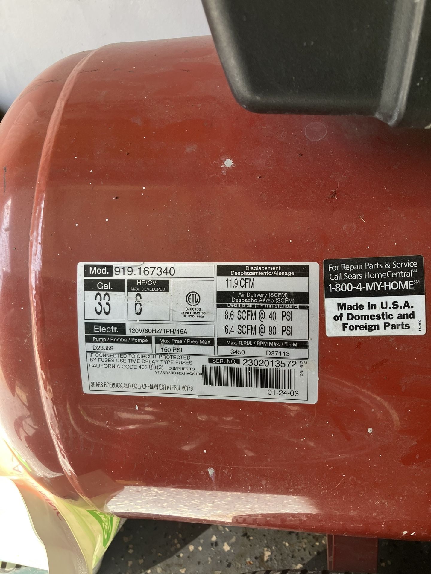 33 gallon Air Compressor For Sale