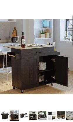 IRONCK Rolling Kitchen Island Table on Wheels with Drop Leaf, Storage Cabinet, Drawer, Spice/Towel Rack, Kitchen Cart, 47.25" Wide Black