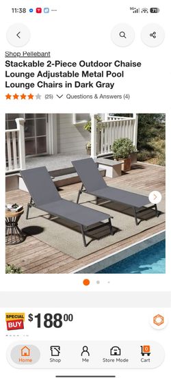 Stackable 2-Piece Outdoor Chaise Lounge Adjustable Metal Pool Lounge Chairs in Dark Gray