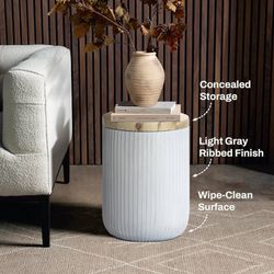 18"  Side Table with Storage, Cement  End Table with Wood Finish Lid, Accent Table