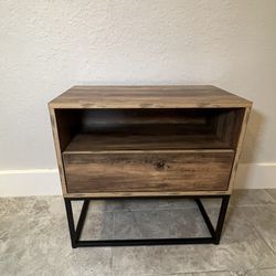 NEW - Nightstand / Side Table / Accent Table -  with Open Shelf and Storage Drawer  - Mid-century, Modern - Black Metal Frame, Rustic brown Faux Wood 