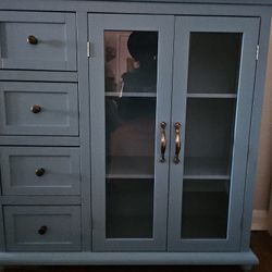 Bright Blue Cabinet with 3 Drawers and 2 Glass Cabinet Doors