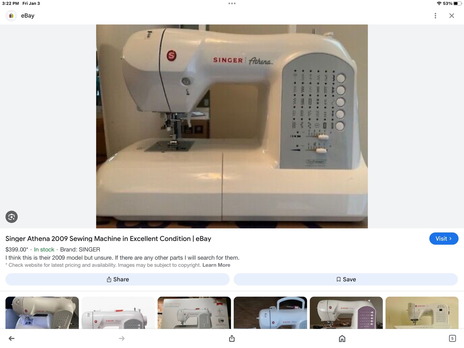 2009 SINGER ATHENA SEWING MACHINE