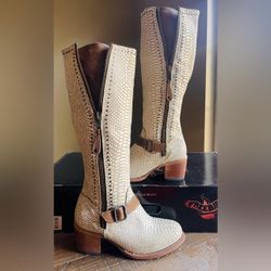 Discontinued Freebird by Steven Carson Snakeskin Boots Cream Brown Size 9 Tall Zip Buckle Western Boho Rare