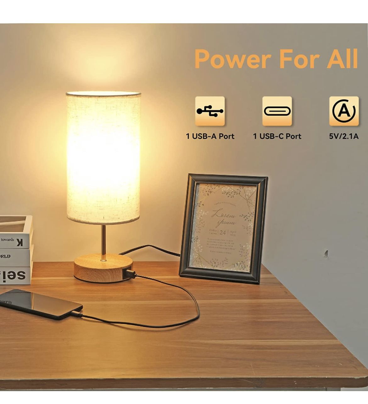 Industrial Desk Lamp with USB Charging Port, Modern Dimmable Bedside Nightstand Lamp with Glass Shade for Bedroom Living Room Office, LED Bulb Include
