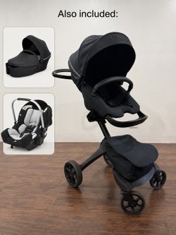 StepStokke Xplory X, Rich Black plus carry cot and Nuna car seat