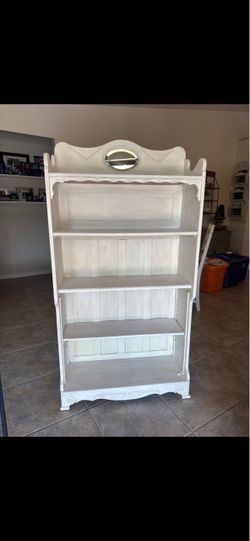 White Antique Bookshelf With Small Built In Mirror