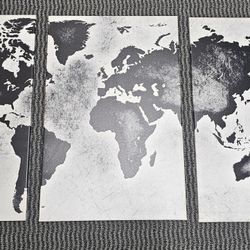 Three-Panel World Map Canvas Wall Art – Distressed Black & White Triptych  Stretched & Framed Modern Wall Decor