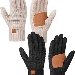 Winter Gloves for Women 2 Pairs, Womens Gloves with Touchscreen Wool Knit, Alpaca Fleece Anti-Slip Beanie Match