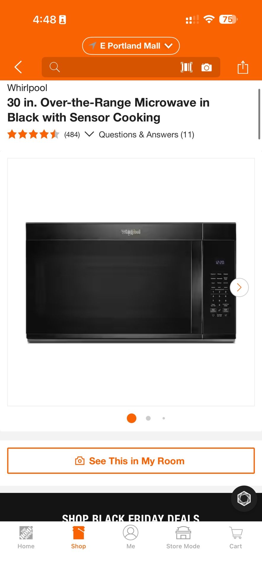 Whirlpool Over-the-Range Microwave in Black with Sensor Cooking