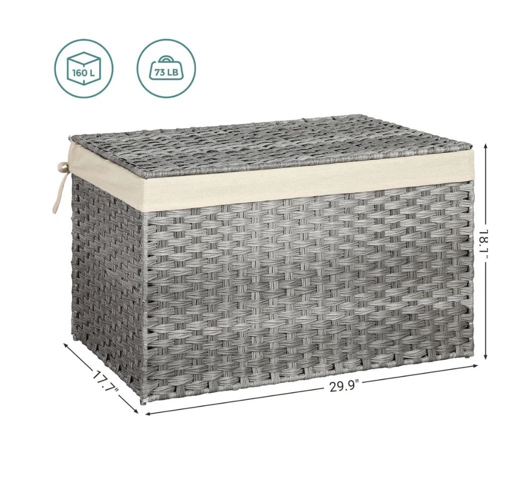 SONGMICS 42.3 Gallon (160L) Storage Bin Woven Blanket Storage Basket with Handles - Gray
