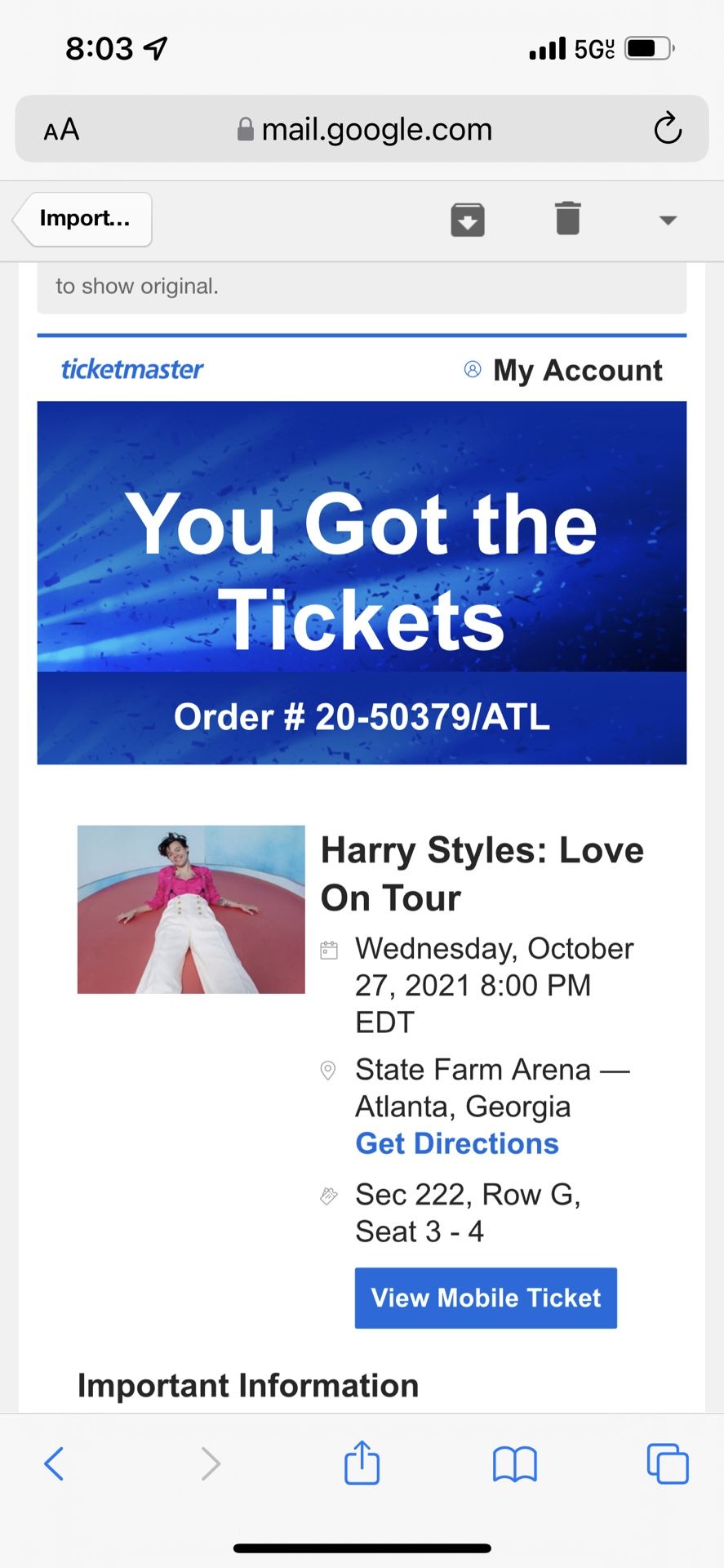Harry Styles Ticket Club Section 222 For Show in Atlanta 400 Each Ticket I Acccept Cash App Or PayPal Or Venmo They Are On My Ticketmaster Account