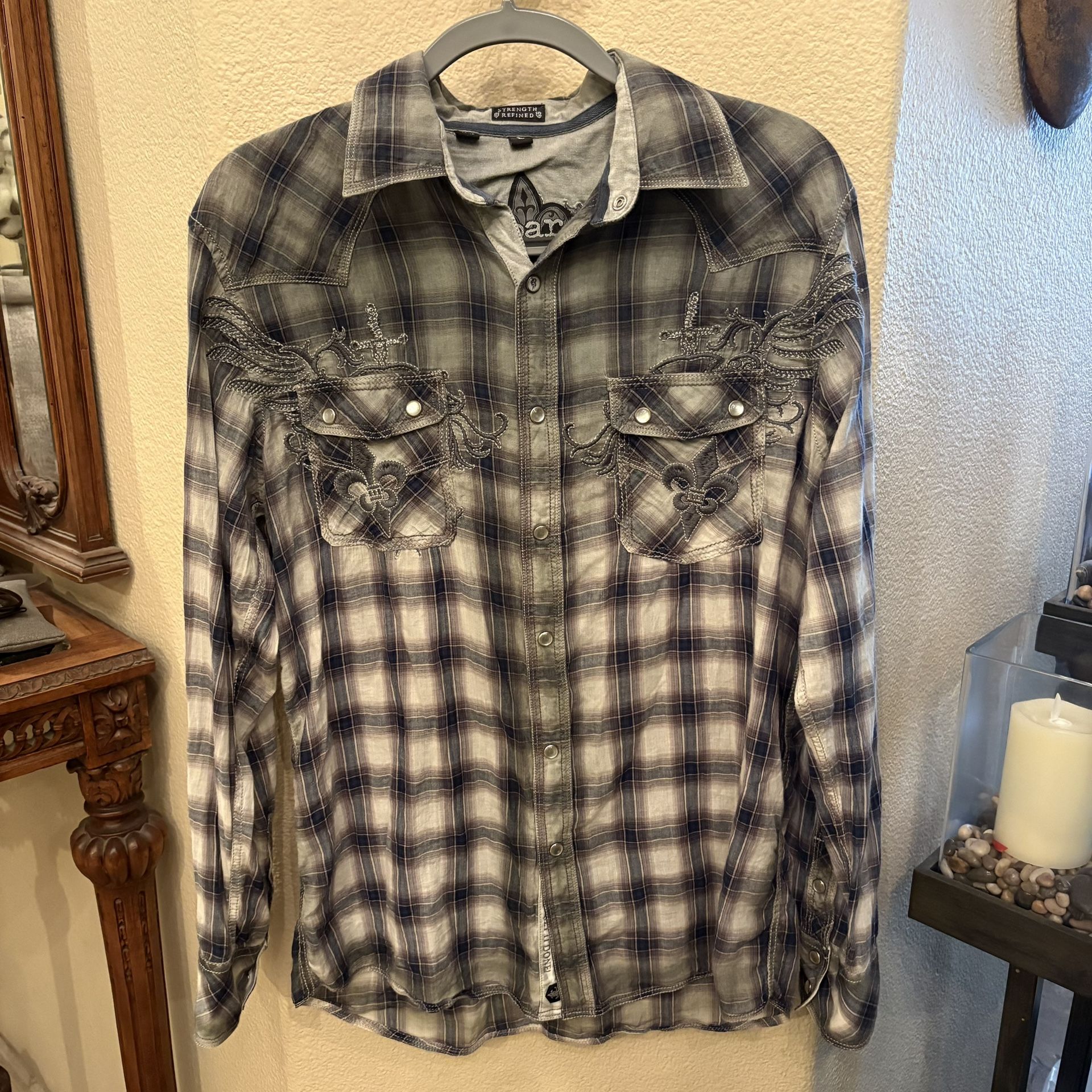 ROAR Men Gray Plaid Embroidery White Snap Button Long Sleeve Shirt Size Large