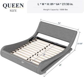Queen Size Bed Frame with Ergonomic & Adjustable Headboard, Low Profile Modern Upholstered Platform Sleigh Design - Easy Assembly, No Box Spring Requi