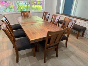 Wood Table, Bench, Side Board & 8 Chairs