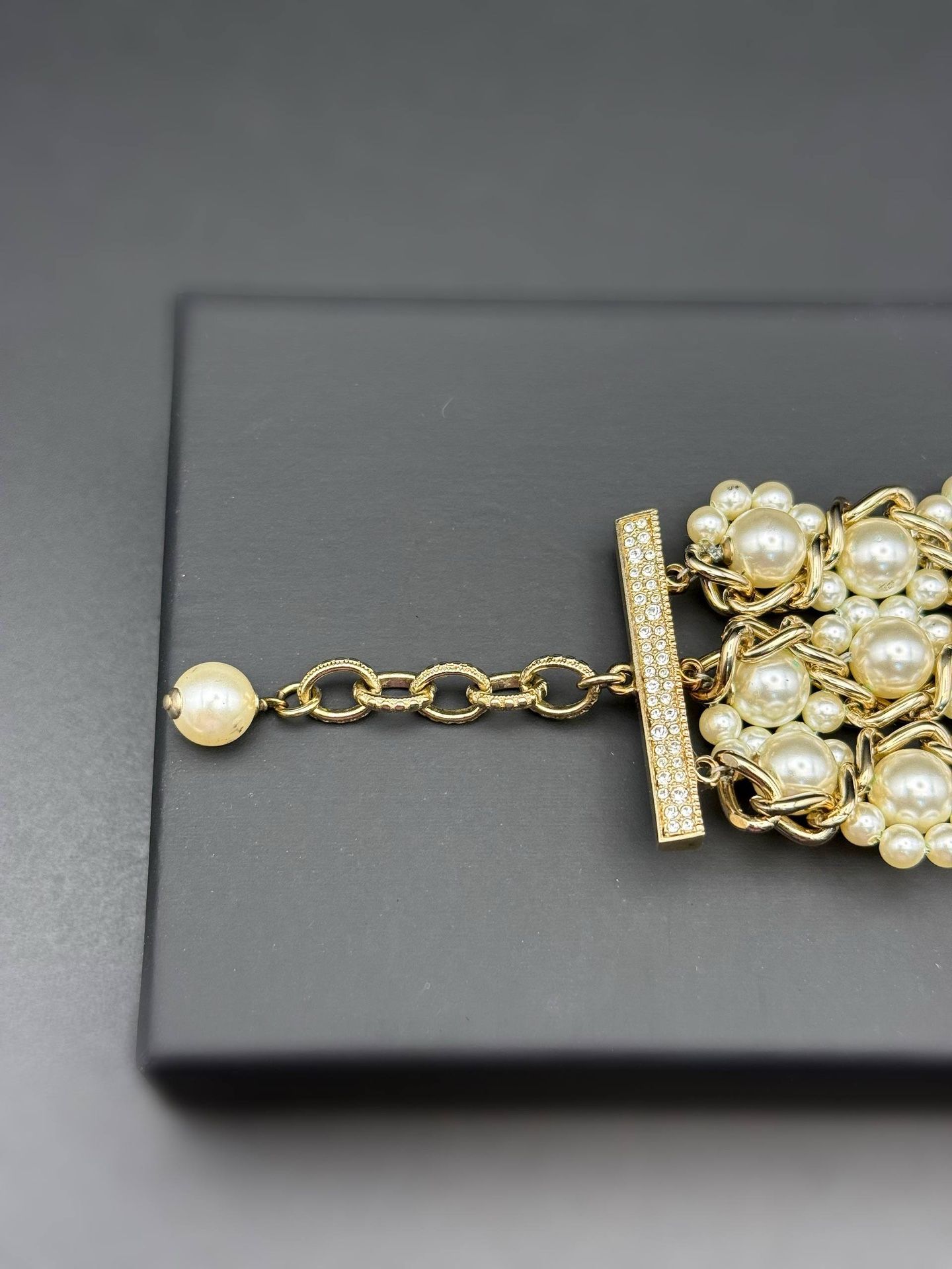 Authentic Chanel Large Golden Pearl & Strass Bracelet box & tag