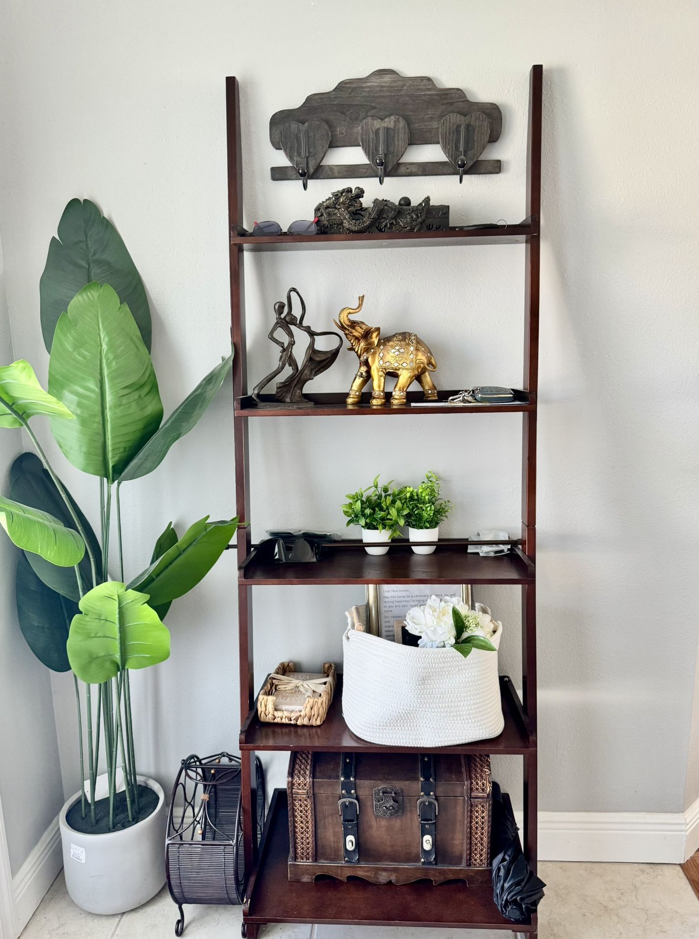 Natural Wood -2 for 1  Lighted Corner Display Cabinet with 5 - leaning ladder Bookshelves 