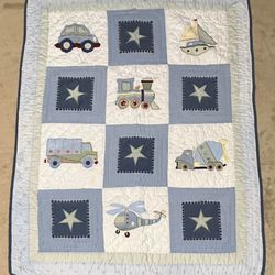 TARGET BLUE TRAINS TRUCKS HELICOPTER STARS PATCHWORK BABY QUILT